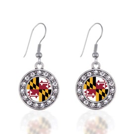 Inspired Silver - Maryland Flag - Silver Dangle Earrings for Women - Circle Charm Earrings French Hook Drop with Cubic Zirconia - Women's Dangly Earrings Jewelry Gift