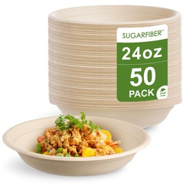 [50 COUNT]Sugarfiber by Harvest Pack PFAS FREE 24oz Round Paper Bowls - Compostable Heavy-Duty Eco-Friendly Disposable Bagasse Bowl sugarcane made plant fibers for Meal Prep