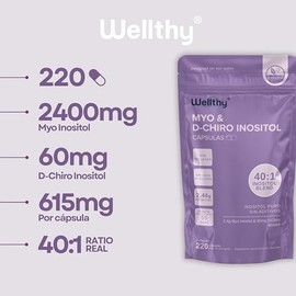 Myo & D-Chiro Inositol 220 Cápsulas. Mezcla Óptima 40:1, 2400mg Myo Inositol y 60mg D-Chiro Inositol, Ingredientes 100% Naturales, Gluten Free, Sugar 