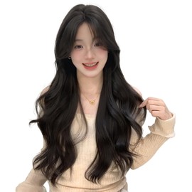 Hawkko Wig, Long Curls, S-shaped Bangs, Full Wig, Wave, Left and Right Parting, Wig, Black Hair, Ladies, Center Parting, Curly Hair, Women's Clothing, Harajuku Style, Wig, Wig, Fashion, Long Hair, Cosplay, Halloween, Lolita, Natural, Popular, Small Face,