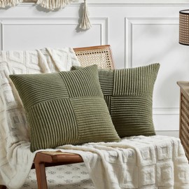 FDTERN Set of 2 Olive Green Corduroy Christmas Cushion Covers, 40 x 40 cm, Soft Decorative Cushion Covers, Sofa Cushion, Boho Decoration for Sofa, Bedroom, Living Room