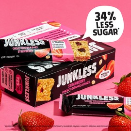 Junkless Strawberry Chewy Granola Bars - 100% Real Strawberries - Less Sugar, Great Tasting, Wholesome Snacks - Bulk Granola Bars - 1.1 oz. Bars, 8 Boxes