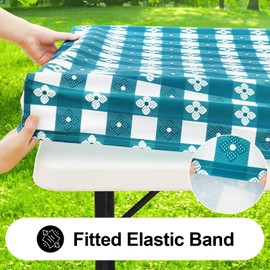 Spotjoy Rectangle Picnic Table Cloth, Waterproof Elastic Fitted Outdoor Table Covers for 6 Foot Tables, Flannel Backed Plastic Vinyl Tablecloths for Indoor and Outdoor (30"x72", White & Turquoise)
