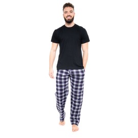 Mens Short Sleeve Pyjamas Set Cotton Rich Top Brushed Fleece Bottoms Top Pants PJ Pajamas Loungewear/Nightwear Gift (Black - Large)