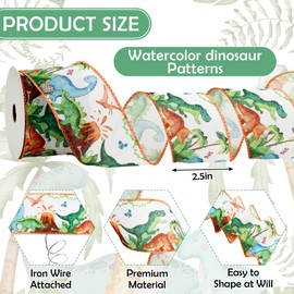 FYSUIMU Dinosaur Wired Edge Ribbon Watercolor Green Jurassic Craft Ribbon Cute Animal Fabric Ribbon for Baby Shower Wreath Bow DIY Wrapping Party Decor, 12 Yard