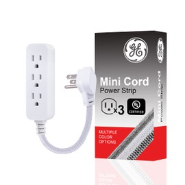 GE 3-Outlet Power Strip Extension Cord with Multiple Outlets 6 Inch Braided Short Cord Extension Cord Grounded Flat Plug Extension Cord ETL Listed White 45190