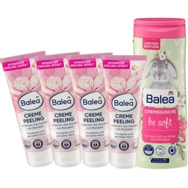 Balea Set of 5 skin care: exfoliating cream refines the complexion, with almond oil for dry and sensitive skin (4 x 75 ml) + shower gel BE SOFT cream shower with scent of flowers and raspberries (300