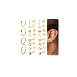 Jstyle Hypoallergenic Earrings for Sensitive Ears-20G Flat Back Earrings for Women Men-Small Surgical Steel Stud Earrings Huggie Hoop Cartilage Nap Earring Sets- Gold Earrings Set