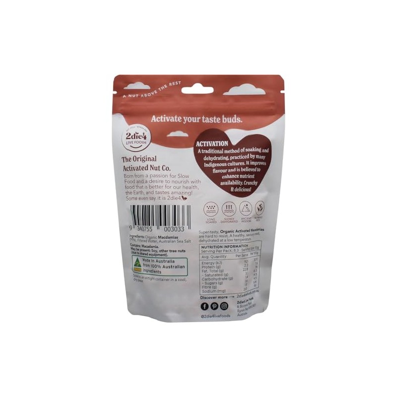 2Die4 Live Foods Activated Organic Macadamias 250g