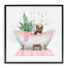 Stupell Industries Chic Yorkie Dog in Pink Bubble Bath, Designed by Ziwei Li Black Framed Wall Art, 12x12