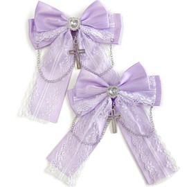 Ribbon Clip with Heart Bijou & Cross Charm, Set of 2, Lavender x White, Ribbon Clip, Lolita, Yume Cute, Gothic Loli, Hair Clip, Hair Pin, Hair Accessories
