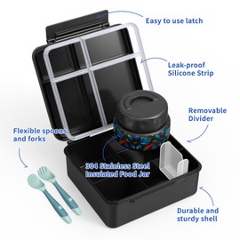 FAJSL Bento Box for Kids with Thermo Food Container (9oz), 4-Compartment Lunch Box, Adjustable Divider, Leakproof Bento Lunch Box, Includes Utensils & Carry Bag for School, Office(Black-Game)