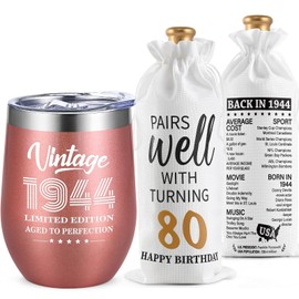 Lifecapido 80th Birthday Gifts for Women, Vintage 1944 Limited Edition Insulated Wine Tumbler with Wine Bag, Birthday Gifts for 80 Year Olds Woman, 80 Year Old Birthday Gifts for Mom Grandma, 12 oz