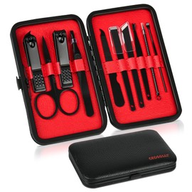 10pcs Manicure Nail Clipper Set - Stainless Steel Nail Care Kit with Nail Clippers, Nail File, Cuticle Scissors, Ear Pick and More, Compact and Durable for Home and Travel (Black/Red)