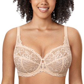 DELIMIRA Women's Plus Size Bra Full Coverage Minimiser Non Padded Lace Underwired Bras Beige 34E