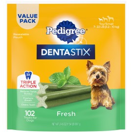 Pedigree Dentastix Small and Toy Breed Dog Treats, Fresh Flavor, 1.54 lb. Bag (102 Treats)