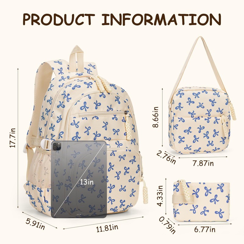 Bow Backpack for Women Kawaii Coquette Nylon Backpack 3Pcs Set