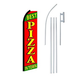 NEOPlex -"Best Pizza in Town" Complete Flag Kit - Includes 12' Swooper Feather Business Flag with 15-Foot Anodized Aluminum Flagpole and Ground Spike