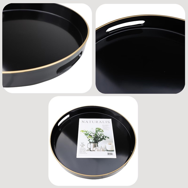 Omuriko Black Round Decorative Tray with Handles, 13" Versatile Serving