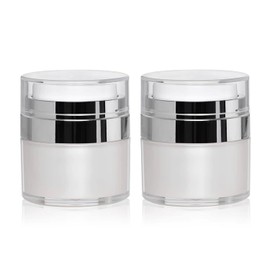 Paquete de 2 tarros de bomba sin aire de 0.5 onzas, recipientes de viaje cosméticos al aspiradora para lociones y cremas, tarros de viaje recargables sin aire, recipientes de muestras de maquillaje acrílicos vacíos con bomba blanca, 15 ml (0.5 onzas / 15