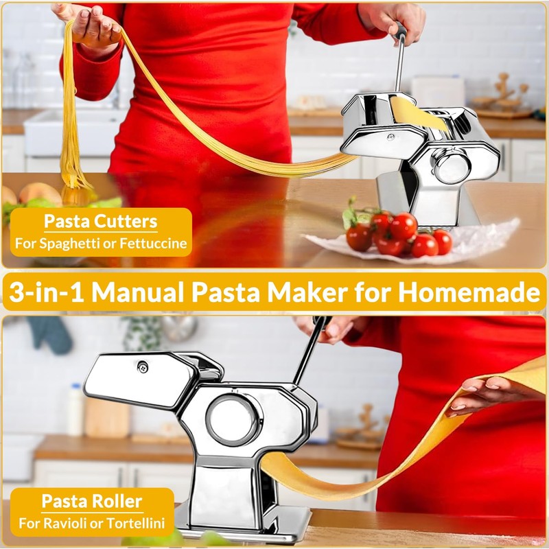 Pasta Maker with 7 Thickness Settings Roller, 2-in-1 Cutter, Hand