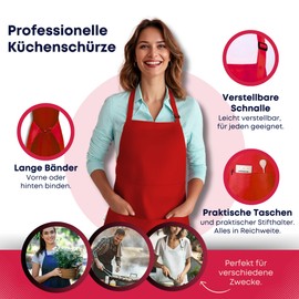 Viamart® Kitchen Apron - Gastro Quality - Unisex - Washable at 60 °C, RED, One size fits all
