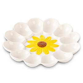 YU&CH Ceramic Sunflower Deviled Egg Tray - White Egg Platter For Party