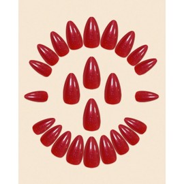 24-Piece Press On Nails Set, Medium Almond French Tips with Silver Glitter and Stars, Pink Nude, Includes Nail Glue and File (24-Piece Glitter Red Press-On Nails Set, Almond Shape)