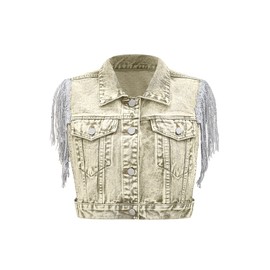SweatyRocks Women's Fringe Button Down Crop Denim Jacket Sleeveless Collared Jean Coats Apricot XS