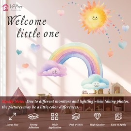 VePret Large Watercolor Rainbow Sun Wall Decals Peel and Stick, Hearts Dots Wall Stickers, Removable Vinyl Home Decor Art for Girls Bedroom Baby Nursery Daycare