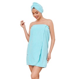 Vislivin Wrap Towel Robe for Women Shower Wraps Robe with Hair Towel Adjustable Closure Bathrobe Blue S-M