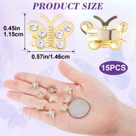 Incinkod 15 Pcs Gold Butterfly Hair Clips, Fashion Cute Rhinestone Butterfly Clips, Small Butterflies Hair Clips, Strong Hold Butterflies Hair Clip for Women, Wedding, Bridal (0.57''×0.45'')