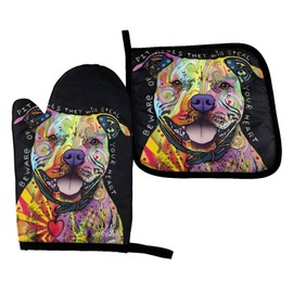 New Pit Bulls Oven Mitts and Potholder Set-Heat Resistant Oven Gloves to Protect Hands and Surfaces with Non-Slip Grip, Hanging Loop-Ideal for Handling Hot Cookware Items