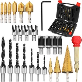 LAMPTOP 26-Pack Woodworking Tools and Accessories Including Countersink Drill Bits, 3-Pointed Countersink Drill Bit with L-Wrench, Wood Plug Cutter, Step Drill Bit, and Automatic Center Punch