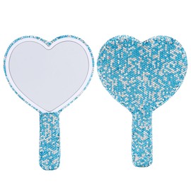 Framendino, 1 Pack Bling Heart Cosmetic Handheld Mirror Blue Metal with Handle for Women Makeup Travel