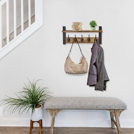 Sorbus Coat Hooks Wall Mount with Shelf – 16 Inch Coat Rack Wall Mount with 5 Heavy Duty Hooks – Floating Wall Shelf with Hooks for Entryway, Bathroom, Bedroom, Kitchen, or Mudroom (Rustic Brown)