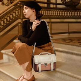 ECOSUSI Women PU Leather Satchel Purse Vintage Small College Crossbody Messenger Bag Work Cross-body Bag, Brown+ Beige