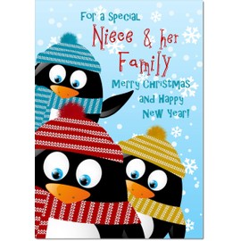doodlecards Niece and Family Christmas Card Three Penquins Medium Size Christmas Card for Niece & Family with Plain Envelope
