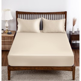 Bamboo Viscose Fitted Sheet 1 Pack Twin Size Only,400 Thread Count,8-16" Deep Pocket,Bottom Sheet Colorfast Soft & Silky & Breathable(1 Fitted Sheet Only, Beige, Twin)