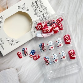 24Pcs 4th of July Press on Nails Short Petite Fake Nails with Red Blue Star American Flag Designs Independence Day False Nails Glossy Full Cover Artificial Glue on Nails Cute Stick on Nails for Women