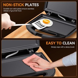 ABS07 Sandwich Maker, 2 Slice Grilled Cheese Maker with Non-stick Flat Plates, Indicator Lights, Cool Touch Handle, Easy to Clean and Store, 750 W - Style: Flat Plates