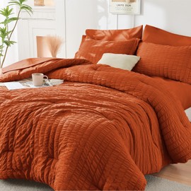 HYMOKEGE Burnt Orange California King Comforter Set Seersucker 7 Pieces, All Season Luxury Bed in a Bag for Bedroom, Bedding Set with Comforters, Sheets, Pillowcases & Shams