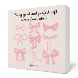 Nvotell Pink Coquette Bows Signs - Christian Religious Wooden Box Sign, Preppy Room Decor Wooden Box Sign For House Table, Pink Bows decor For Girl Room Bedroom, 5x5 Inch