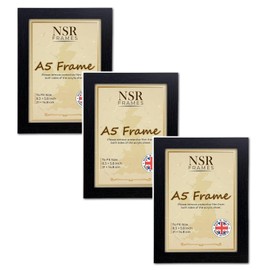 A5 Black Picture Frame Set of 3 Picture Photo Frames - Flat Wall Mount Hang Hooks & Tabletop Stand Poster Wooden Portrait/Panoramic Acrylic Artwork Display