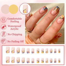 24Pcs Nude Pink French Tip False Nails, Short Square Floral Press on Nails with Elegant Design, Spring Summer Flowers Acrylic Full Cover Fake Stick on Nails for Women Girls Manicure Decoration