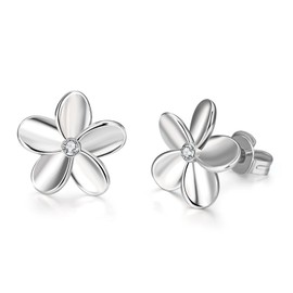 FloralGrace Flower Stud Earrings, 925 Sterling Silver, Plumeria Earrings for Women, Cubic Zirconia Flower Stud Earrings, Jewellery Gift for Birthday, Christmas (Silver)