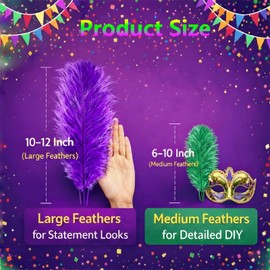 24 Pcs Carnival Feathers Bulk, Gold Green Purple Ostrich Feathers 6–10 & 10–12 Inch, Craft Feathers for DIY Costumes, Masquerade & Party Decorations
