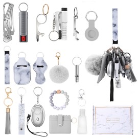 AMIR Safety Keychain Set for Women, Wristlet Strap Keychain with Personal Alarm and Pom Pom Accessories Kit, Gifts for Women and Girls (Grey)
