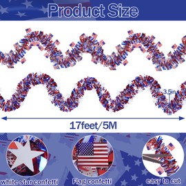 Succwoah 33FT 2 Pieces 4th of July Patriotic Tinsel Garland, Red White and Blue Star Hanging Garland American Flag Garland for Independence Day Memorial Day Veterans Day Party Decoration