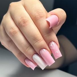 Valentine's Day Press on Nails Long Square Fake Nails with Light Pink Heart Design Glossy Solid Color False Nails Full Cover Stick on Nails Acrylic Artificial Nails Glue on Nails for Women Girls 24Pcs